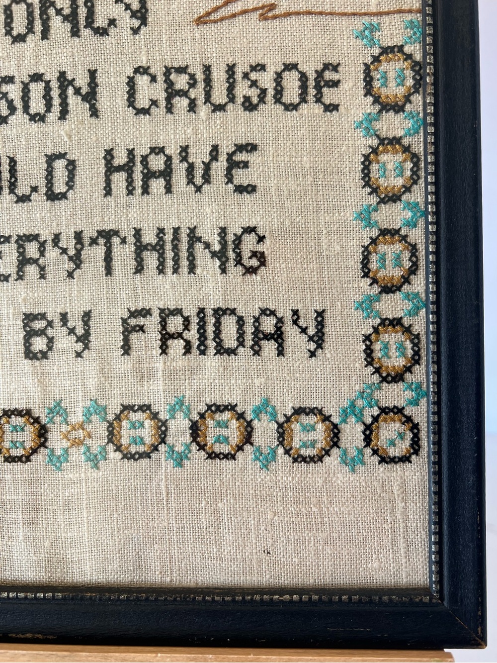 Vintage Framed Cross Stitch Sampler Robinson Crusoe Quote Island Folk Art - Picture 6 of 10